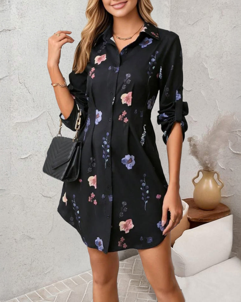 Watercolor Floral Print Turn-down Collar Turn-Up Sleeves Shirred Back Shirt Dress Casual Button Down Cinched Waist Asymmetrical Hem Vacation Dress