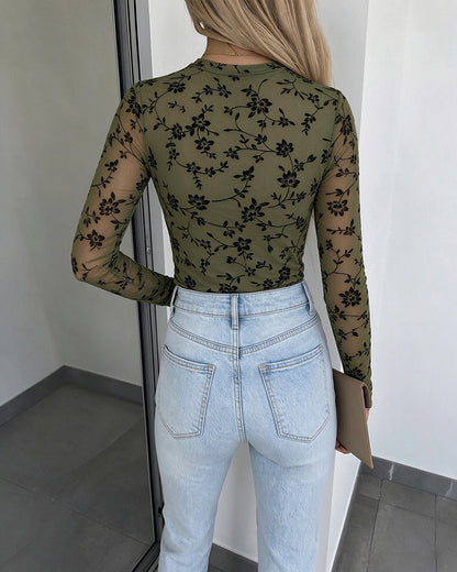 Top femme en tulle transparent à motif floral floqué, col rond, doublure et passe-pouces