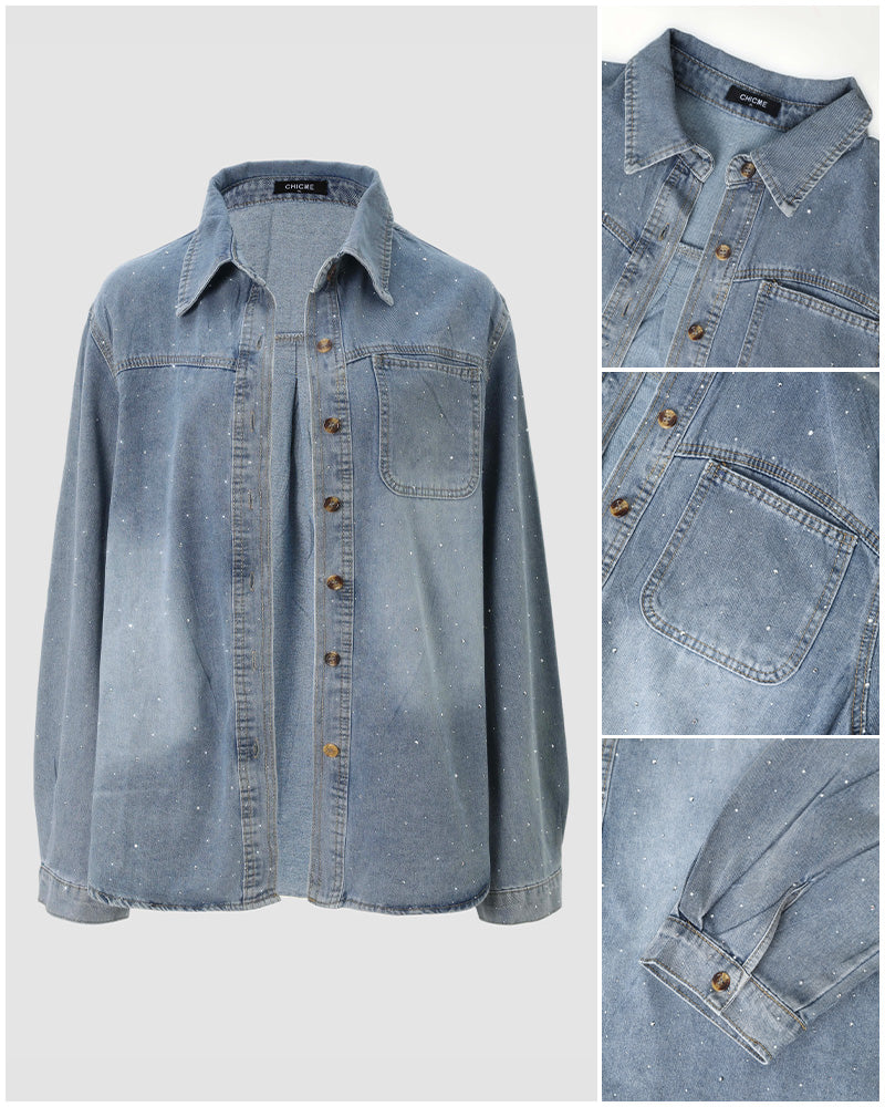 Women's Rhinestone Denim Jacket Washed Button-Down Shacket Sparkling Loose Fit Long Sleeve Casual Outerwear