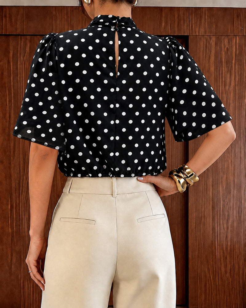 Women's Mock Neck Chiffon Blouse Polka Dot Ruched Elegant Flared Sleeve Top Casual Office Commute Shirt