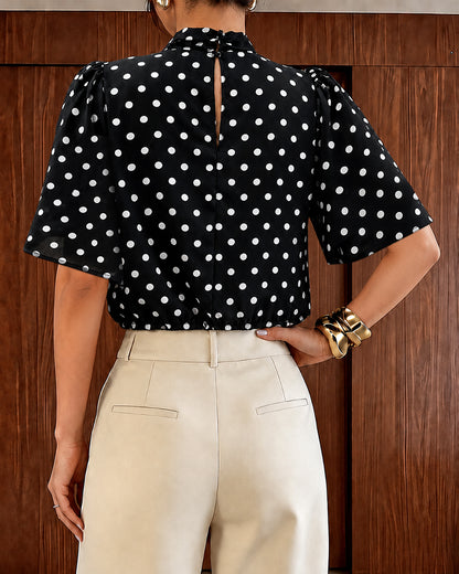 Women's Mock Neck Chiffon Blouse Polka Dot Ruched Elegant Flared Sleeve Top Casual Office Commute Shirt