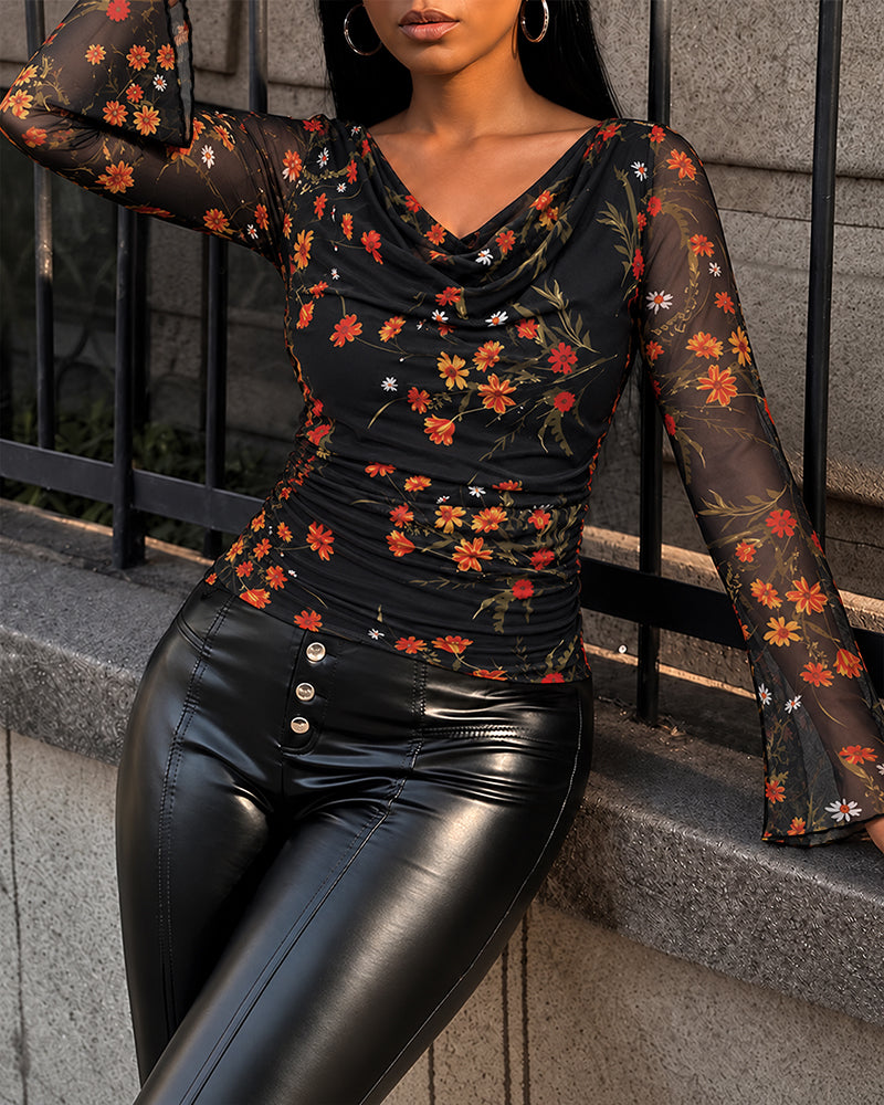 Women's Vintage Floral Mesh Cowl Neck Ruched Side Flare Long Sleeve Top