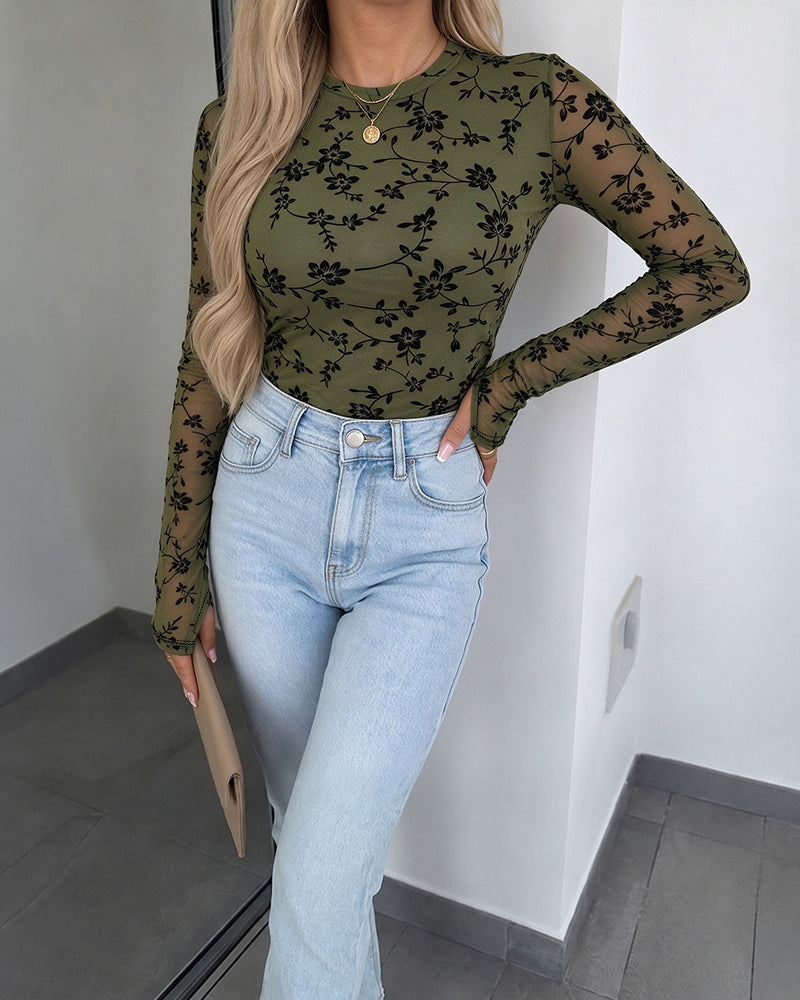 Top femme en tulle transparent à motif floral floqué, col rond, doublure et passe-pouces