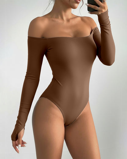 Off Shoulder Long Sleeve Slim Fit Versatile Bodysuit with Thumb Hole Cuffs