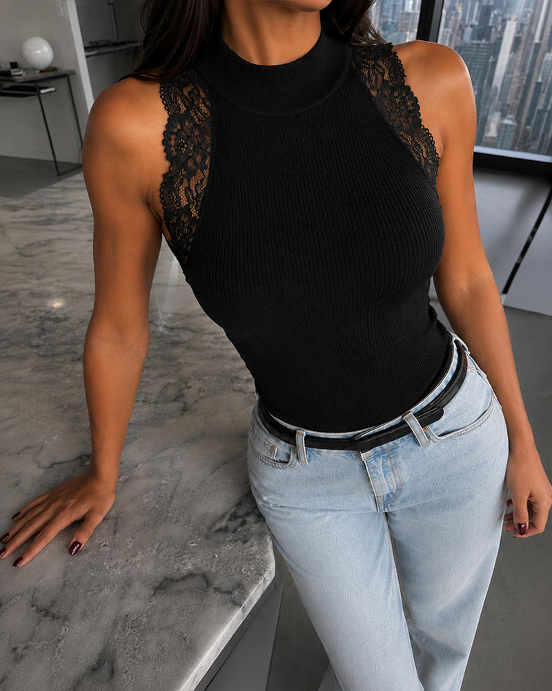 Women's Lace Trim Mock Neck Sleeveless Ribbed Knit Tank Top