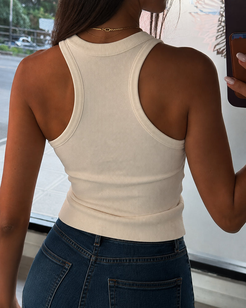 Women's Pearls Rhinestone Knit Racerback Tank Top Ribbed Crewneck Sleeveless Top