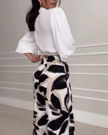 2 Pieces Outfit Wrap Plunge V Neck Crop Blouse and Casual Floral Print Wide Leg Pants Set