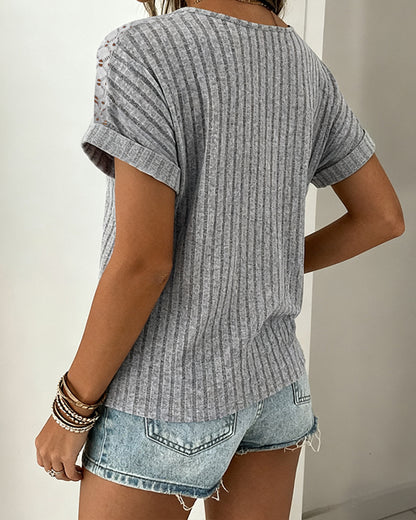Lace Spliced Round Neck Rolled Cuffs Tee Casual Short Sleeve Ribbed Brushed Top
