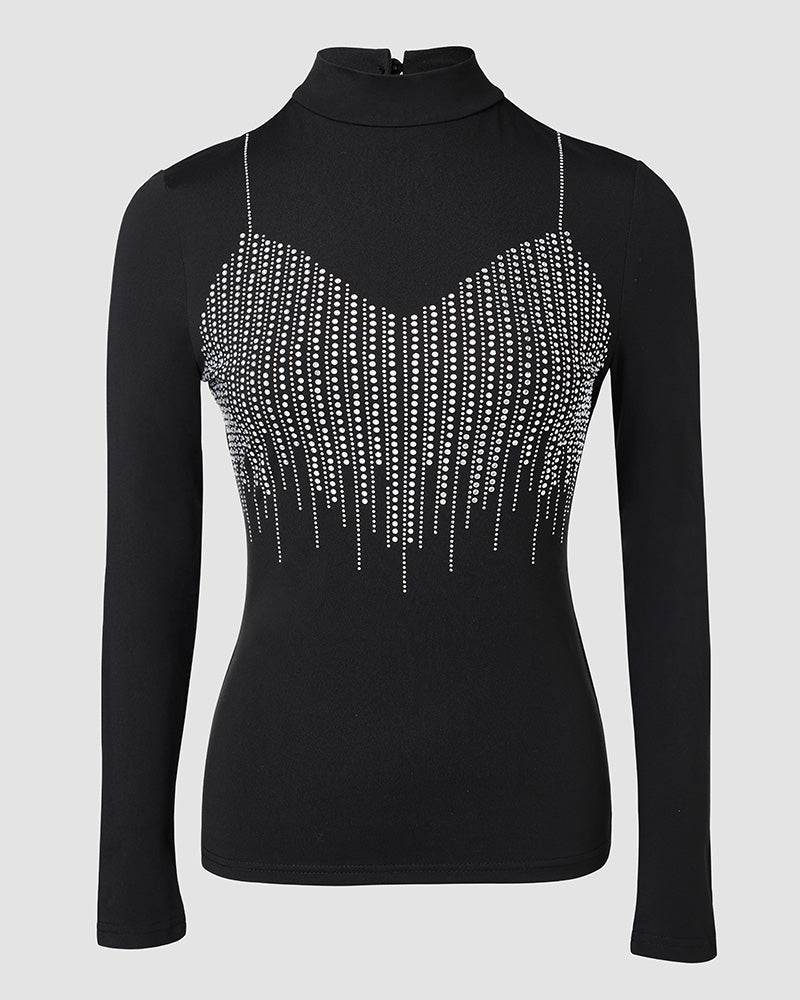 Mock Neck Long Sleeve Rhinestone Decor Top