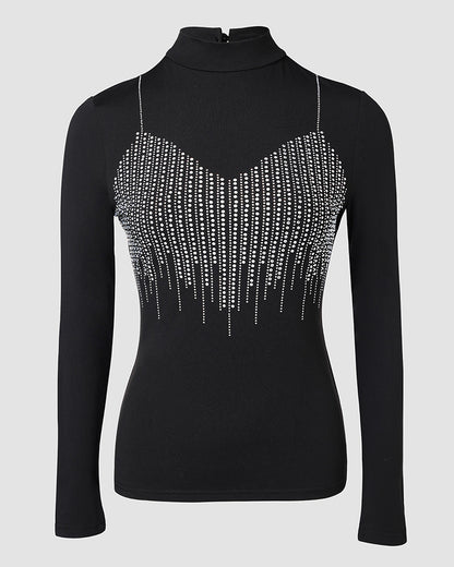 Mock Neck Long Sleeve Rhinestone Decor Top