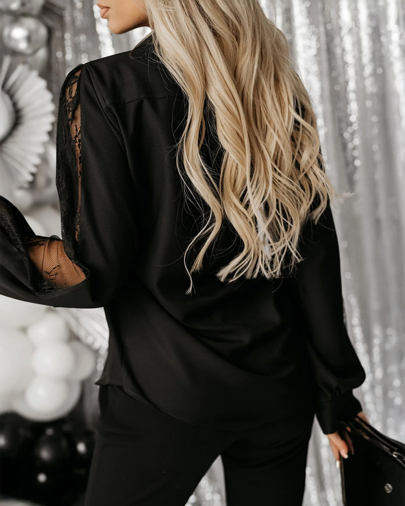 Turn-down Collar Lace Spliced Long Sleeve Button Front Shirt Casual Commuting Top