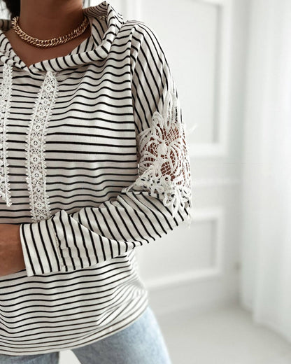 Striped Contrast Floral Lace Patchwork Long Sleeve Pullover Casual Lace Drawstring Hoodie Sweatshirt