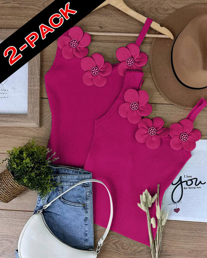 2 Pack Solid 3D Flower Tank Top Asymmetrical Neck Sleeveless Casual Ribbed Knit Camisole