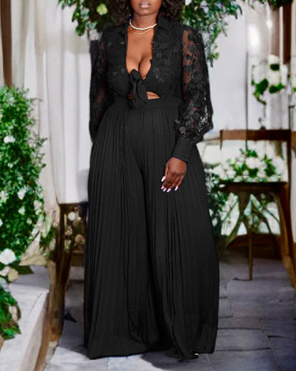 Jacquard Sheer Mesh Patch Turn-down Collar Jumpsuit Elegant Waist Tied Detail Pleated Flare Romper