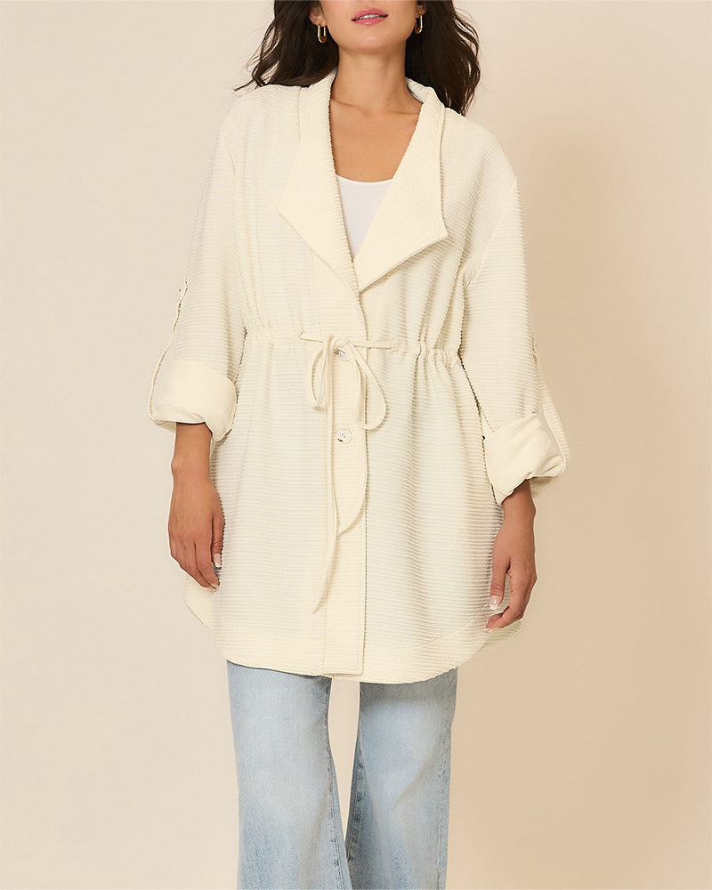 Women's Textured Drawstring Waist Lapel Coat Mid-length Roll Up Sleeve Button Front Trench Jacket