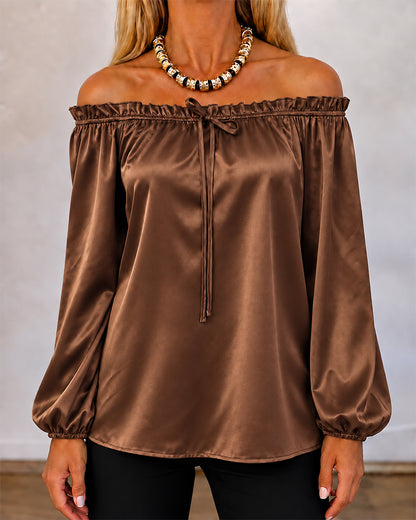 Women's Off Shoulder Satin Frill Trim Tie Front Lantern Sleeve Top