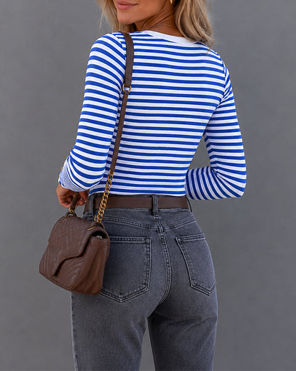 Women's Striped Ribbed U-Neck Long Sleeve Top Slim Fit Contrast Trim Tee
