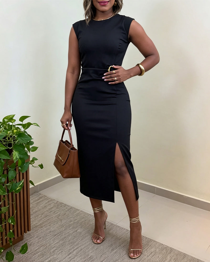 Women's Sleeveless Midi Dress Gold Buckle Ruched Front Slit Bodycon Dress