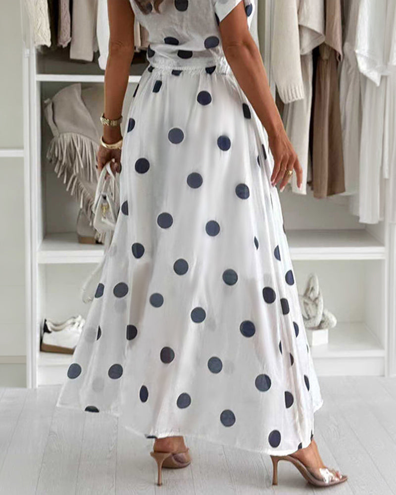 2 Pieces Outfit Turn-down Collar Short Sleeve Rolled Cuffs Button Front Shirt and Elastic Waist Skirt Set Casual Polka Dot Print Set with Lining