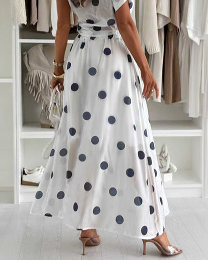 2 Pieces Outfit Turn-down Collar Short Sleeve Rolled Cuffs Button Front Shirt and Elastic Waist Skirt Set Casual Polka Dot Print Set with Lining