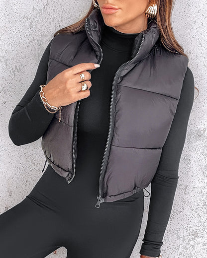Stand Collar Zip Up Lightweight Cropped Puffer Vest Sleeveless Drawstring Hem Padded Coat