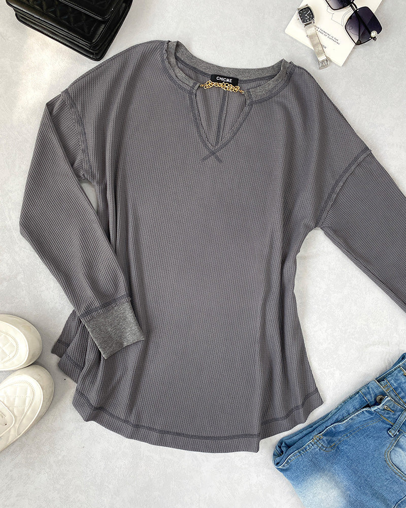 Waffle Knit Notch Neck Long Sleeve Top Slit Casual Pullover Tee with Detachable Chain