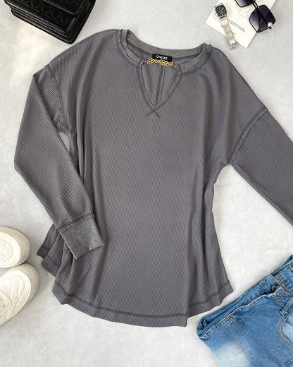 Waffle Knit Notch Neck Long Sleeve Top Slit Casual Pullover Tee with Detachable Chain