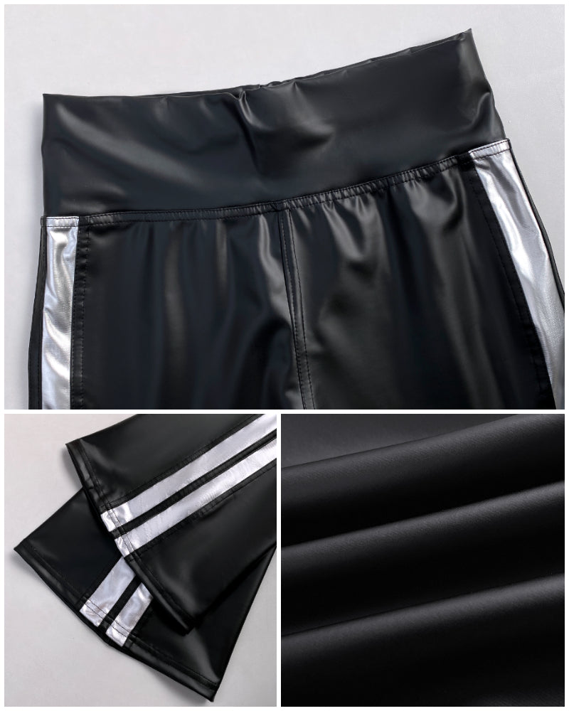 Women's High Waist Side Contrast Stripe Flare PU Leather Pants