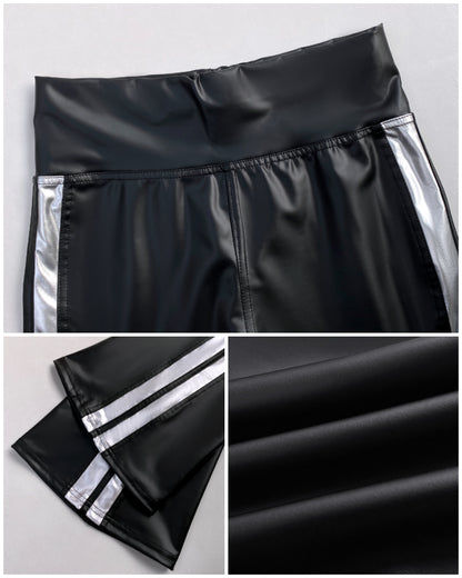 Women's High Waist Side Contrast Stripe Flare PU Leather Pants