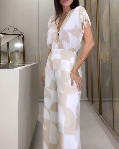 Geometric Print V-Neck Short Sleeve Zipper Jumpsuit
