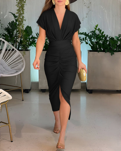 Deep V-Neck Ruched Slit Front Dress Cinched Waist Slim Fit Mid-length Dress