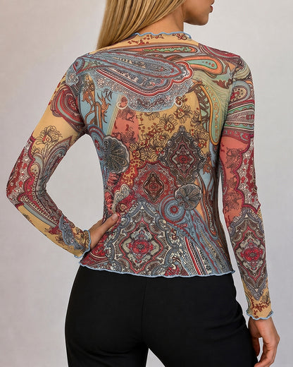 Women's Vintage Print Sheer Mesh Top Frill Trim Mock Neck Long Sleeve Tee