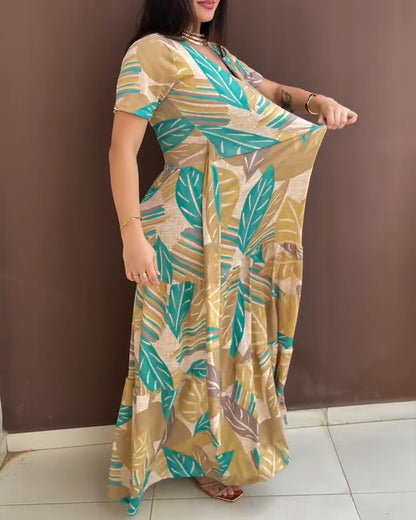 Plants Print Short Sleeve Tied Detail Maxi Dress Casual Waist Flowy A Line Dress