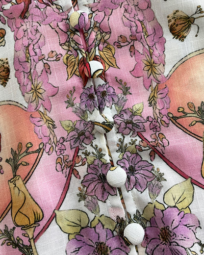 2 Pieces Outfit Floral Placement Print Stand Collar Button Button Front Lantern Sleeve Top and Casual Elastic Back Waist Shorts Set with Belt