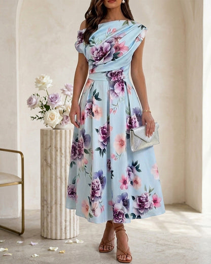 Women's Skew Neck Midi Dress Elegant Ruched Floral A-Line Dress High Waisted Vacation Dress with Pockets