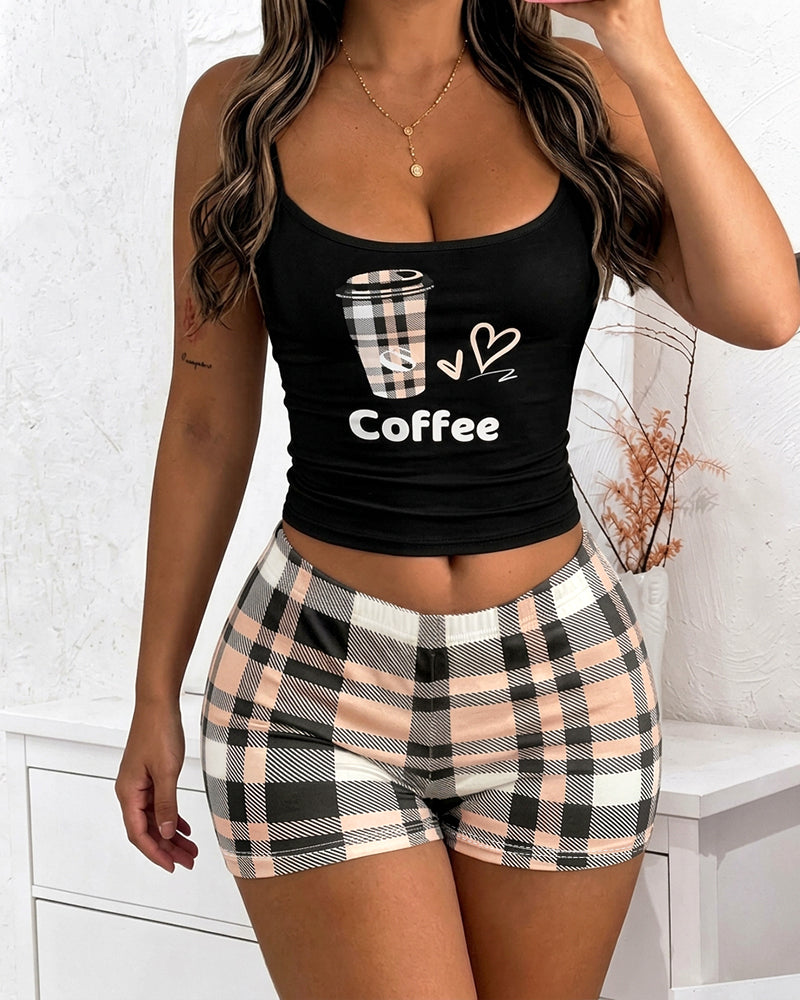 Women's Two Piece Pajamas Set Coffee Print Adjustable Strap Crop Cami Top and Plaid Shorts
