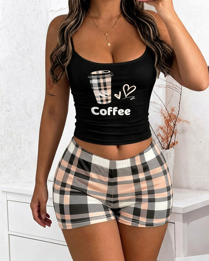 Women's Two Piece Pajamas Set Coffee Print Adjustable Strap Crop Cami Top and Plaid Shorts