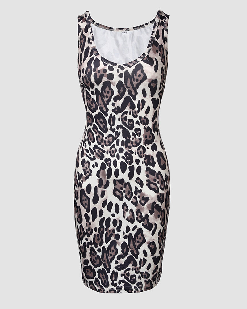2 Piece Contrast Sequin Heart Pattern V-Neck Sweatshirt Leopard Print Sleeveless Tank Dress Set
