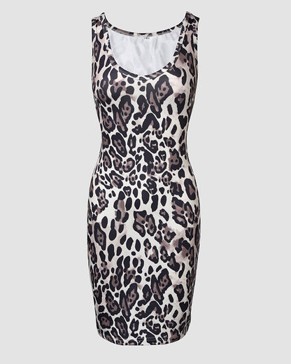 2 Piece Contrast Sequin Heart Pattern V-Neck Sweatshirt Leopard Print Sleeveless Tank Dress Set