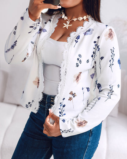Floral Print Open Front Long Sleeve Casual Contrast Lace Short Cardigan