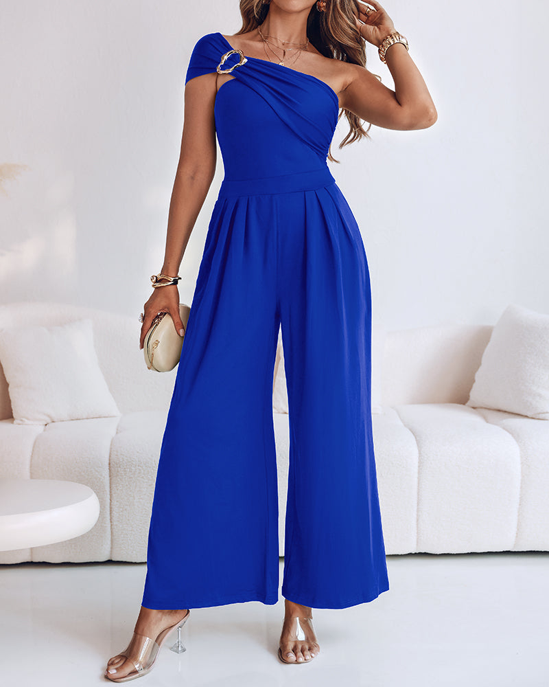 CHICME Damen-Overall mit One-Shoulder-Goldschnalle, gerüschter Taille und weitem Bein