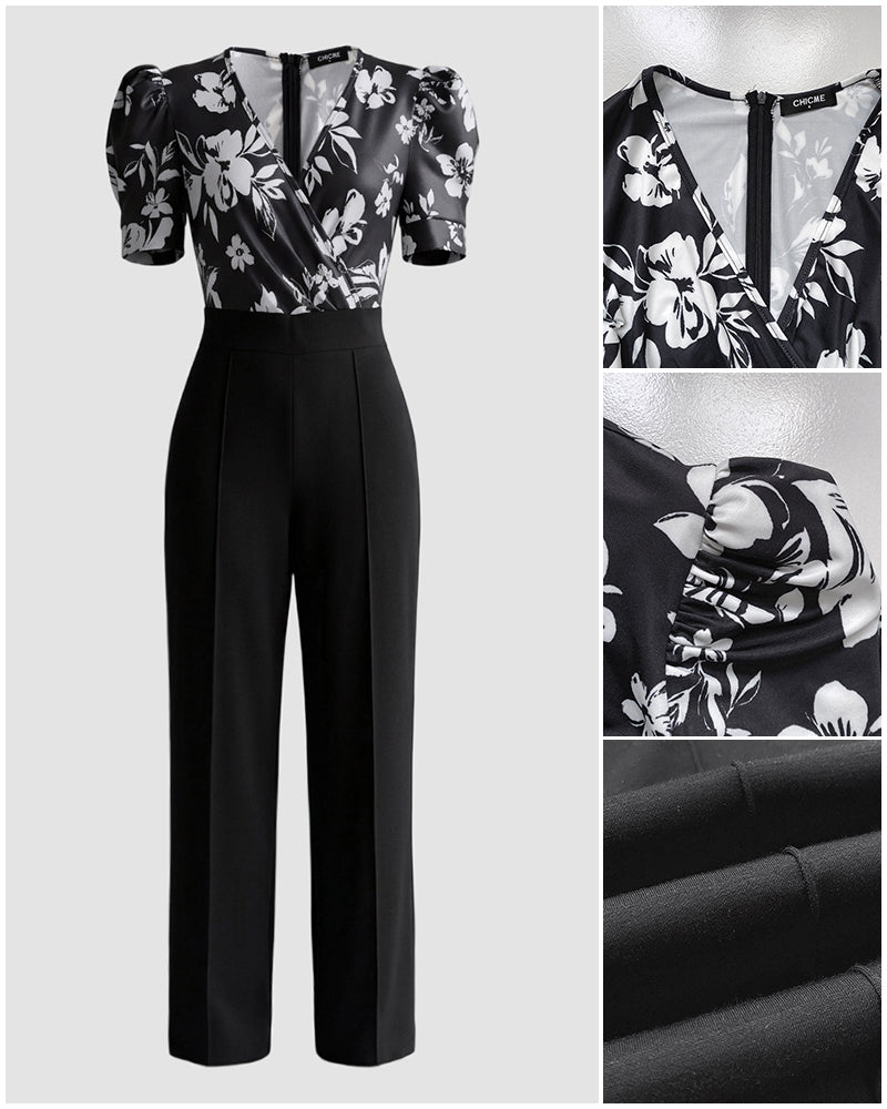 Colorblock Floral Print Spliced Deep V Neck Puff Sleeve Slim Fit Overalls Elegant Ruched Zipper Back Jumpsuit