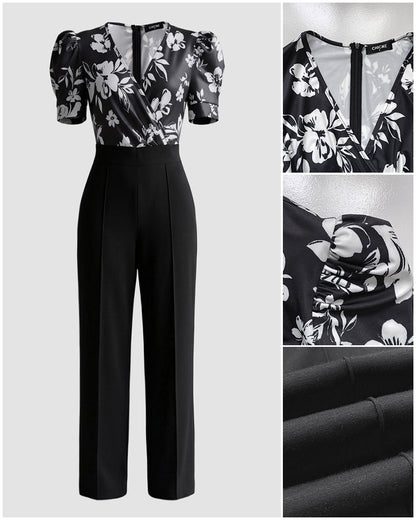 Colorblock Floral Print Spliced Deep V Neck Puff Sleeve Slim Fit Overalls Elegant Ruched Zipper Back Jumpsuit