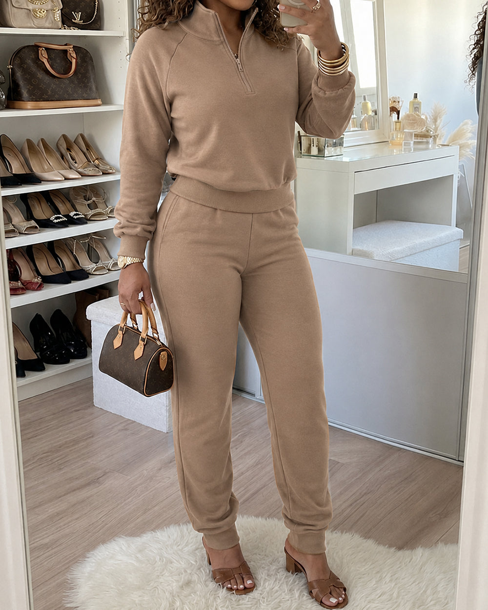 2 Pieces Outfit High Neck Half Zip Drop Shoulder Top and Drawstring Elastic Waist Slim Fit Jogger Pants Set Casual Tracksuit