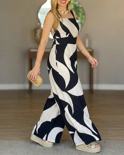 Colorblock Abstract Print Square Neck Adjustable Straps Shirred Back Overalls Casual Cinched Waist Wide Leg Cami Jumpsuit
