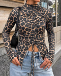 Women's Leopard Print Mock Neck Adjustable Drawstring Ruched Long Sleeve Top