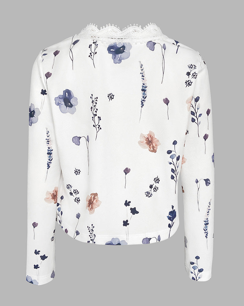 Floral Print Open Front Long Sleeve Casual Contrast Lace Short Cardigan