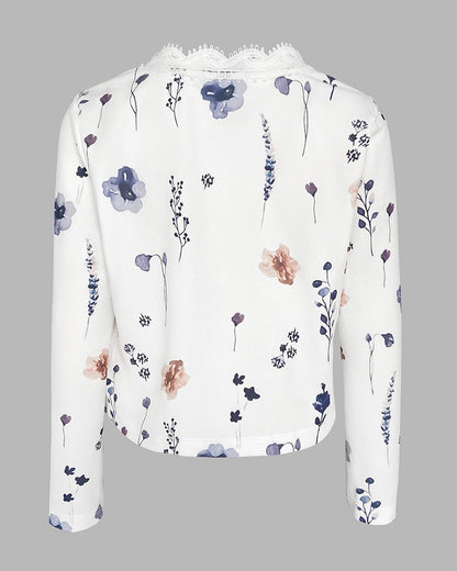 Floral Print Open Front Long Sleeve Casual Contrast Lace Short Cardigan