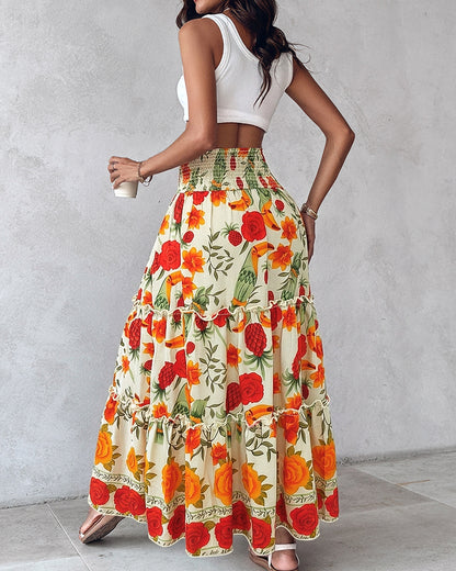 Women's Tropical Parrot Floral Maxi Skirt Shirred High Waist Ruffle Boho Skirt Flowy A-Line Skirt with Pocket