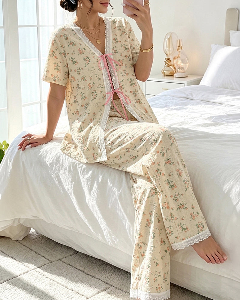 Women's 2 Piece Ditsy Floral Lace Trim Pajamas Set Tie Front Top and Wide Leg Pants Casual Loungewear